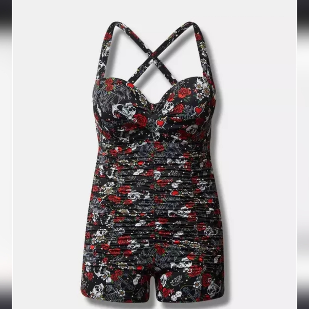 Torrid Black Romper with Red and White Floral Skull Design